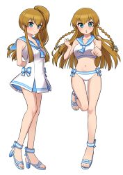 Rule 34 | 1girl, absurdres, alternate hairstyle, arms behind back, bare shoulders, bikini, blue eyes, blue neckerchief, blue sailor collar, blush, braid, breasts, brown hair, clenched hands, closed mouth, collarbone, commentary, dot nose, full body, hands up, high heel sandals, high heels, highres, idolmaster, idolmaster million live!, idolmaster million live! theater days, kousaka umi, leg up, long hair, looking at viewer, medium breasts, multiple views, navel, neckerchief, ngetyan, one-piece swimsuit, open mouth, sailor bikini, sailor collar, sailor collar lift, sailor one-piece swimsuit, sailor swimsuit (idolmaster), sandals, side-tie bikini bottom, side ponytail, simple background, smile, solo, standing, strappy heels, swimsuit, twin braids, v-shaped eyebrows, white background