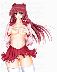 Rule 34 | 00s, 1girl, blush, breasts, breasts squeezed together, brown eyes, female pubic hair, grabbing, grabbing another&#039;s breast, kousaka tamaki, large breasts, long hair, long sleeves, nipples, no panties, open clothes, open shirt, otone, otone (artist), pubic hair, pussy, red hair, school uniform, serafuku, shirt, solo, thighhighs, to heart (series), to heart 2, uncensored