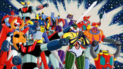 Rule 34 | 1970s (style), absurdres, axe, cape, character request, copyright request, creator connection, crowd, drill, epic, gaiking, gaiking (dmg), getter-1, getter-2, getter-3, getter robo, getter robo g, great mazinger, great mazinger (robot), grendizer, highres, horns, koutetsu jeeg, koutetsu jeeg (mecha), mazinger (series), mazinger z, mazinger z (mecha), mecha, mecha focus, nagai gou (style), official style, oldschool, retro artstyle, robot, science fiction, super robot, sword, ufo robo grendizer, weapon, zer013