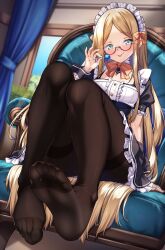 Rule 34 | 1girl, abigail williams (fate), black bow, black dress, blonde hair, blue eyes, blush, bow, breasts, brown pantyhose, candy, chair, dress, fate/grand order, fate (series), feet, food, forehead, glasses, highres, legs, lollipop, long hair, looking at viewer, maid headdress, orange bow, pantyhose, parted bangs, puffy short sleeves, puffy sleeves, round eyewear, shirokuma a, short sleeves, sitting, small breasts, smile, soles, toes, tongue, tongue out, wrist cuffs
