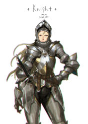 Rule 34 | 1girl, absurdres, armor, belt, blonde hair, contrapposto, couter, helmet, highres, hong soon-jae, knight, lips, long hair, looking at viewer, pauldrons, plate armor, shoulder armor, solo, sword, two-handed sword, weapon, white background