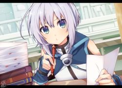 Rule 34 | 1boy, ahoge, balcony, blue eyes, blue gloves, book, clothing cutout, desk, ernesti echevalier, fingerless gloves, gloves, grey hair, holding, holding paper, holding pen, knight&#039;s &amp; magic, knight&#039;s and magic, letterboxed, library, male focus, omuretsu, paper, pen, pursed lips, railing, shoulder cutout, signature, sitting, solo, window