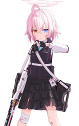 Rule 34 | 1girl, absurdres, aged down, ahoge, ballistic shield, bandaged knees, bandaid, bandaid on face, beretta 1301, black gloves, blue archive, blue necktie, bruise, bruise on face, bulletproof vest, collared shirt, commentary request, fingerless gloves, frown, gloves, gun, hair between eyes, halo, heterochromia, highres, holding, holding gun, holding weapon, hoshino (blue archive), hoshino (young) (blue archive), id card, injury, long sleeves, looking at viewer, necktie, official alternate costume, pink hair, plaid, plaid skirt, pleated skirt, school uniform, shasha (shasha159357), shield, shirt, short hair, shotgun shell, sidelocks, simple background, skirt, solo, tactical clothes, torn clothes, torn skirt, v-shaped eyebrows, weapon, white background