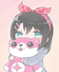 Rule 34 | + +, 1girl, :3, :d, aged down, aqua eyes, bandana, bang dream!, black hair, blush, character doll, chibi, child, commentary request, covered mouth, grey jacket, hair ornament, hairband, hairclip, holding, holding stuffed toy, jacket, koroneko (ky-tora), long sleeves, looking at viewer, medium hair, michelle (bang dream!), okusawa misaki, open mouth, outline, red bandana, smile, solo, stuffed animal, stuffed toy, tan background, teddy bear, white outline, wide face
