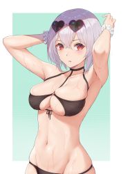 Rule 34 | 1girl, absurdres, aqua background, armpits, arms up, azur lane, bikini, black ribbon, blush, border, breasts, cleavage, commentary request, cowboy shot, eyewear on head, front-tie bikini top, front-tie top, highres, kojo (0124), large breasts, looking at viewer, navel, official alternate costume, outside border, parted lips, pink-framed eyewear, red eyes, revision, ribbon, scrunchie, short hair, silver hair, simple background, sirius (azur lane), sirius (scorching-hot seirios) (azur lane), skindentation, solo, stomach, sunglasses, swimsuit, v-shaped eyebrows, wet, white border, wrist scrunchie
