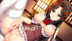 Rule 34 | 1girl, arm support, ascot, ass, belt, black hair, blush, breasts, breasts out, censored, corset, cross-laced clothes, detached collar, dutch angle, eyelashes, female focus, flower, frilled thighhighs, frills, game cg, garter straps, groin, hair flower, hair ornament, hair stick, hairpin, indoors, kikan bakumatsu ibun last cavalier, large breasts, leaning back, long hair, lying, miyuki dayuu, mosaic censoring, nipples, norita, on back, parted bangs, parted lips, ponytail, purple eyes, pussy, pussy juice, shiny skin, smile, solo, spread pussy, sweat, sweatdrop, thighhighs, white thighhighs