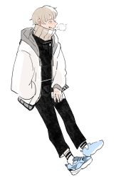 Rule 34 | 1boy, black pants, breath, cellphone, highres, holding, holding phone, hood, hoodie, inumaki toge, jujutsu kaisen, looking afar, looking to the side, male focus, pants, phone, shoes, short hair, silver hair, smartphone, solo, solo focus