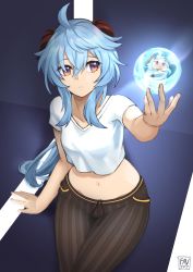 Rule 34 | 1girl, absurdres, ahoge, arm support, artist name, blue hair, crop top, cropped shirt, fav faris, ganyu (genshin impact), genshin impact, highres, horns, legs together, long hair, looking at another, looking to the side, meta, midriff, navel, orb, purple eyes, shirt, sidelocks, sitting, solo, t-shirt, white shirt