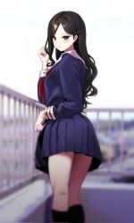 Rule 34 | 1girl, black eyes, black hair, black jacket, black skirt, black socks, blurry, blurry background, blush, closed mouth, commentary, curly hair, day, depth of field, feet out of frame, from behind, hand in own hair, hand up, highres, jacket, kneehighs, long hair, looking at viewer, looking back, neckerchief, original, outdoors, parted bangs, photo-referenced, pleated skirt, railing, red neckerchief, rooftop, sbgu, school uniform, shirt, skirt, smile, socks, solo, standing, white shirt