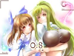 Rule 34 | 2girls, blonde hair, blue bow, bow, breasts, brown hair, green hair, large breasts, multiple girls, original, red eyes, sachito, smile, yellow eyes