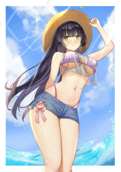 Rule 34 | 1girl, absurdres, arm behind back, arm up, bare arms, bare shoulders, bikini, bikini under clothes, black hair, blunt bangs, blush, bow, breasts, covered erect nipples, crop top, cross-laced clothes, day, denim, denim shorts, green eyes, hand on headwear, hat, highleg, highleg bikini, highres, lens flare, linsuan er qing an, long hair, looking at viewer, medium breasts, midriff, navel, original, outdoors, outside border, see-through, short shorts, shorts, sleeveless, solo, standing, string bikini, sun hat, sunlight, swimsuit, underboob, water drop