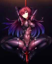 Rule 34 | 1girl, armpits, arms behind head, arms up, ass, covered erect nipples, covered navel, fate/grand order, fate (series), full body, gae bolg (fate), high heels, highres, holding, holding weapon, long hair, looking at viewer, looking to the side, parted lips, polearm, purple eyes, purple hair, scathach (fate), shiny clothes, silly (marinkomoe), skin tight, solo, spear, spread legs, weapon
