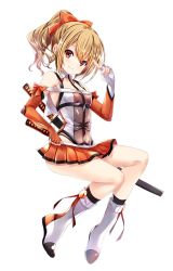 Rule 34 | 1girl, bare shoulders, blonde hair, blush, bodysuit, boots, bow, breasts, closed mouth, commentary request, elbow gloves, fingerless gloves, full body, gloves, high ponytail, highres, isosaki iori (taimanin asagi battle arena), knee boots, leotard, long hair, looking at viewer, microskirt, multiple swords, ninja, official art, pleated skirt, ponytail, red eyes, ribbon, sakuranbo, see-through, see-through leotard, sheath, sheathed, simple background, skirt, sleeveless, small breasts, smile, solo, sword, sword behind back, taimanin (series), taimanin asagi kessen arena, v, weapon, white background
