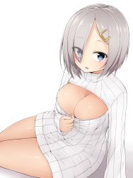 Rule 34 | 10s, 1girl, alternate costume, blue eyes, blush, breasts, cleavage, cleavage cutout, clothing cutout, curvy, female focus, hair ornament, hair over one eye, hairclip, hamakaze (kancolle), highres, hoshimiya aki, kantai collection, large breasts, looking at viewer, meme attire, open-chest sweater, open mouth, ribbed sweater, short hair, silver hair, sitting, solo, sweater, turtleneck, wide hips
