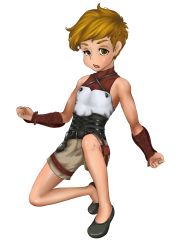 Rule 34 | 1boy, absurdres, belt, blonde hair, brown eyes, child, clenched hand, fantasy earth zero, highres, male focus, matching hair/eyes, mybabyboy, open mouth, shoes, short hair, shorts, simple background, solo, vest, white background
