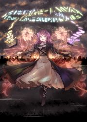 Rule 34 | 1girl, black dress, black footwear, boots, breasts, brown hair, cityscape, cross-laced clothes, dress, full body, hijiri byakuren, juliet sleeves, long hair, long sleeves, looking at viewer, medium breasts, minust, outstretched arms, parted lips, puffy sleeves, purple eyes, purple hair, smile, solo, sorcerer&#039;s sutra scroll, spread arms, standing, touhou