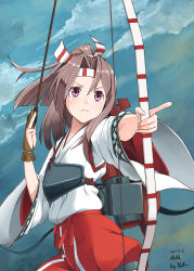 Rule 34 | &gt;:(, 1girl, artist name, bow (weapon), brown hair, commentary request, cowboy shot, dated, flat chest, gloves, hachimaki, hair between eyes, headband, high ponytail, highres, holding, holding bow (weapon), holding weapon, japanese clothes, kantai collection, long hair, monsuu (hoffman), muneate, partially fingerless gloves, partly fingerless gloves, ponytail, solo, v-shaped eyebrows, weapon, yugake, zuihou (kancolle)