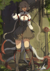 Rule 34 | 1girl, :d, boots, collared shirt, gloves, grey footwear, grey gloves, grey hair, grey skirt, hand up, heterochromia, high-waist skirt, highres, index finger raised, knee boots, lansane, long sleeves, looking at viewer, open mouth, original, outdoors, pigeon-toed, red eyes, shirt, signature, skirt, smile, solo, standing, tentacles, vararia (lansane), wing collar, yellow eyes