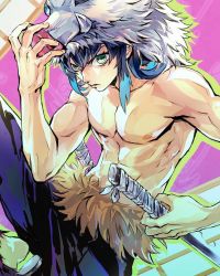 Rule 34 | 1boy, abs, arm up, blue hair, blue pants, boar mask, closed mouth, commentary, english commentary, green eyes, green outline, hair between eyes, hashibira inosuke, highres, holding, holding sword, holding weapon, katana, kimetsu no yaiba, looking at viewer, male focus, mask, mask on head, medium hair, multicolored background, multicolored hair, muscular, muscular male, nipples, outline, painttool sai (medium), pants, parted lips, pectorals, sandals, serious, solo, sword, topless male, two-tone hair, weapon, zzyzzyy