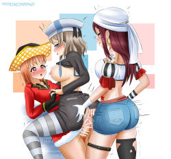 Rule 34 | 3girls, anal, anchor symbol, arm tattoo, artist name, ass grab, bandana, black gloves, blue eyes, blush, breasts, breasts out, brown hair, danzfloor, double penetration, dress, earrings, female focus, futa with female, futanari, girl on top, gloves, group sex, hand on own hip, highres, holding another&#039;s hand, holding hands, jewelry, licking lips, love live!, love live! sunshine!!, multiple girls, necktie, open mouth, orange eyes, orange hair, penis, red dress, red eyes, red hair, sailor, sakurauchi riko, sex, sex from behind, short hair, short shorts, shorts, sitting, sitting on person, star (symbol), straddling, striped clothes, striped thighhighs, sweat, takami chika, tattoo, thighhighs, threesome, tongue, tongue out, torn clothes, torn legwear, torn thighhighs, trembling, vaginal, veins, veiny penis, watanabe you, white gloves