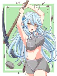 Rule 34 | 1girl, ahoge, alternate costume, armpits, arms up, blue hair, blue nails, blush, breasts, commentary, cowboy shot, craftopia, crop top, flower, fuusuke (fusuke208), green background, grey skirt, hair between eyes, hair flower, hair ornament, heart, heart ahoge, highres, holding, holding pickaxe, hololive, large breasts, light blue hair, long hair, looking at viewer, midriff, miniskirt, multicolored hair, nail polish, navel, open mouth, pickaxe, pink hair, pointy ears, rock, rubble, side slit, simple background, skirt, solo, streaked hair, twitter username, two-tone hair, virtual youtuber, yellow eyes, yukihana lamy