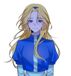 Rule 34 | 1girl, absurdres, blonde hair, blue eyes, blue hairband, closed mouth, commentary, hairband, highres, long hair, looking at viewer, maria robotnik, sa1k a, simple background, smile, solo, sonic (series), symbol-only commentary, upper body, white background