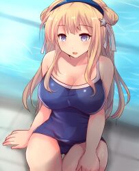Rule 34 | 1girl, blonde hair, blue one-piece swimsuit, blush, breasts, cleavage, collarbone, competition school swimsuit, double bun, fletcher (kancolle), hair bun, hairband, highres, hirune (konekonelkk), kantai collection, large breasts, long hair, looking at viewer, one-piece swimsuit, pool, poolside, purple eyes, rei no pool, school swimsuit, sitting, smile, solo, swimsuit, water