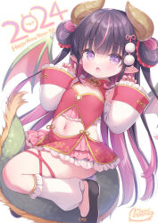 Rule 34 | 1girl, 2024, between legs, black footwear, black hair, breasts, china dress, chinese clothes, chinese zodiac, cleavage cutout, clothing cutout, commentary request, detached sleeves, double bun, dragon girl, dragon horns, dragon tail, dress, fang, hair bun, hands up, happy new year, highres, hip vent, horns, long hair, long sleeves, looking at viewer, multicolored hair, navel, navel cutout, new year, open mouth, original, pointy ears, purple eyes, purple hair, red dress, shoes, signature, simple background, sleeveless, sleeveless dress, sleeves past wrists, small breasts, solo, streaked hair, tail, tail between legs, two-tone hair, two side up, usashiro mani, very long hair, white background, white sleeves, wide sleeves, year of the dragon