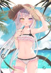 Rule 34 | 1girl, arm up, bare shoulders, bikini, blue sky, blush, brown hat, cloud, collarbone, commentary request, cowboy shot, cross scar, day, flat chest, frilled bikini, frills, green ribbon, hair ornament, halterneck, hand on headwear, hand on own chest, hat, hat ribbon, heartsix, heterochromia, highres, horns, leg ribbon, long hair, long tail, looking at viewer, multicolored hair, navel, ocean, open mouth, original, outdoors, palm leaf, pink hair, pink ribbon, purple eyes, ribbon, scar, scar across eye, scar on arm, scar on face, scar on leg, scar on stomach, silver hair, sky, solo, standing, stomach, straw hat, streaked hair, sun hat, swimsuit, tail, tail raised, thigh ribbon, very long hair, white bikini, x hair ornament, yellow eyes