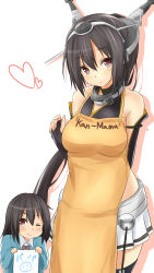 Rule 34 | 10s, 2girls, apron, bare shoulders, heart, highres, if they mated, kantai collection, kindergarten uniform, looking at viewer, mother and daughter, multiple girls, nagato (kancolle), one eye closed, saku (kudrove), smile, translated, wink, aged down
