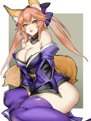 Rule 34 | 10s, 1girl, :p, animal ears, bare shoulders, breasts, cleavage, detached collar, detached sleeves, fate/extra, fate (series), fox ears, fox tail, hair ribbon, highres, japanese clothes, kumiko shiba, large breasts, long hair, looking at viewer, looking to the side, pink hair, purple ribbon, purple thighhighs, revision, ribbon, sitting, smile, solo, tail, tamamo (fate), tamamo no mae (fate/extra), thighhighs, tongue, tongue out, twintails, yellow eyes