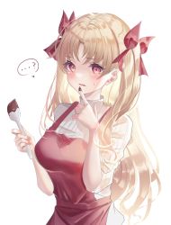 Rule 34 | 1girl, ?, apron, blonde hair, blush, bow, chiachun0621, chocolate, eating, ereshkigal (fate), fate/grand order, fate (series), hair bow, hair ribbon, heart, highres, licking, licking finger, long hair, looking at viewer, open mouth, red eyes, ribbon, simple background, solo, sweater, wavy mouth, white background, white sweater