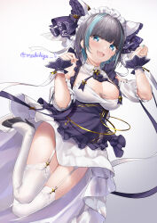 Rule 34 | 1girl, absurdres, animal ears, apron, aqua nails, artist name, azur lane, black footwear, blue eyes, blue hair, breasts, cheshire (azur lane), cleavage, detached sleeves, dress, fake animal ears, fang, frilled hairband, frilled ribbon, frills, garter straps, hairband, highres, large breasts, long ribbon, looking at viewer, maid, maid headdress, makihige, multicolored hair, one eye closed, paw pose, puffy detached sleeves, puffy sleeves, purple apron, purple hair, ribbon, skin fang, solo, streaked hair, thighhighs, twitter username, white dress, white thighhighs, wrist cuffs
