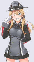 Rule 34 | 10s, 1girl, anchor hair ornament, arm behind back, blonde hair, blue eyes, blush, cowboy shot, female focus, gloves, grey background, grin, hair ornament, hat, kantai collection, long hair, long sleeves, looking at viewer, low twintails, one eye closed, peaked cap, pleated skirt, prinz eugen (kancolle), salute, simple background, skirt, smile, solo, star (symbol), twintails, uniform, white gloves, youkan