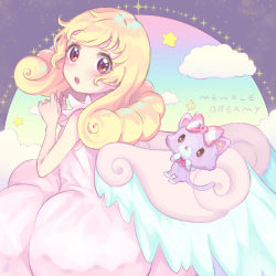 Rule 34 | 1girl, bow, bowtie, bubble skirt, chestnut mouth, cloud, curly hair, diffraction spikes, dress, from side, hinata yume, mew (mewkledreamy), mewkledreamy, own hands together, pink bow, pink dress, pink wings, plaid, plaid bow, purple background, signature, skirt, sleeveless, sleeveless dress, star (symbol), star in eye, stuffed animal, stuffed cat, stuffed toy, swept bangs, symbol in eye, tareme, wings, zeroarchive00