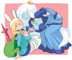 Rule 34 | 2girls, adventure time, animal ears, animal hood, assisted exposure, backpack, bag, blonde hair, blue dress, blue skin, blue skirt, blush, breasts, cleavage, colored skin, crown, dress, eyebrows, fionna campbell, gashi-gashi, genderswap, genderswap (mtf), hand on own ass, hood, ice queen (adventure time), juliet sleeves, large breasts, long hair, long sleeves, looking at viewer, multiple girls, pink background, puffy sleeves, pulling another&#039;s clothes, rabbit ears, skirt, sword, thighhighs, very long hair, weapon, white background, white hair, wide sleeves, zettai ryouiki