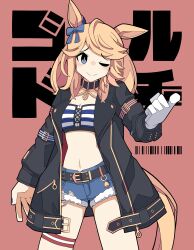 Rule 34 | 1girl, absurdres, animal ears, black jacket, blonde hair, blue bow, blue eyes, bow, breasts, commentary request, cowboy shot, ear bow, gloves, gold city (umamusume), hand on own hip, highres, horse ears, horse girl, horse tail, jacket, long sleeves, looking at viewer, medium breasts, midriff, navel, necktie, one eye closed, open clothes, open jacket, pink background, pointing, pointing at viewer, simple background, single glove, smile, solo, soulmaster uwu, tail, thigh strap, umamusume, white gloves