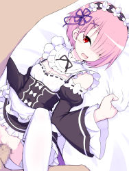 Rule 34 | 10s, 1girl, apron, bad id, bad pixiv id, black dress, blush, breasts, censored, cleavage, commentary request, detached sleeves, dress, frills, hair ornament, hair over one eye, hair ribbon, hetero, highres, lying, maid, maid headdress, missionary, mosaic censoring, no panties, on back, open mouth, penis, pink hair, pussy, ram (re:zero), re:zero kara hajimeru isekai seikatsu, red eyes, ribbon, sex, short hair, small breasts, solo focus, spread legs, takeda yukimura, thighhighs, vaginal, white thighhighs, x hair ornament
