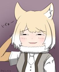 Rule 34 | 1girl, absurdres, animal ear fluff, animal ears, anya&#039;s heh face (meme), arm at side, arm up, black eyes, blonde hair, buttons, chibi, elbow gloves, fox ears, fur collar, furrowed brow, gloves, half-closed eyes, hand on own head, highres, kemono friends, looking to the side, medium hair, meme, motion lines, multicolored hair, necktie, open clothes, open vest, parody, parted bangs, parted lips, purple background, scratching head, shirt, short sleeves, simple background, smile, smug, solo, spy x family, tanio (tanio 0114), tibetan fox (kemono friends), twitter username, two-tone hair, upper body, vest, white hair, white necktie, white shirt