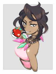 Rule 34 | 1girl, aqua gemstone, bare arms, bead necklace, beads, black hair, breasts, creatures (company), cropped arms, cropped torso, dark-skinned female, dark skin, diamond (gemstone), diamond (shape), diamond earrings, earrings, game freak, halter shirt, halterneck, holding, holding poke ball, jewelry, large breasts, looking at viewer, necklace, nintendo, ok letsgo, olivia (pokemon), pink gemstone, pink lips, pink shirt, poke ball, poke ball (basic), pokemon, pokemon sm, shirt, short hair, solo, upper body