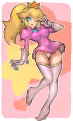 Rule 34 | 1girl, adapted costume, blonde hair, blue eyes, blush, breasts, commentary request, crown, dakusuta, dress, earrings, elbow gloves, gloves, high heels, highres, jewelry, knees together feet apart, long hair, mario (series), nintendo, one eye closed, open mouth, panties, pantyshot, pink dress, ponytail, princess peach, salute, short dress, smile, solo, two-finger salute, underwear