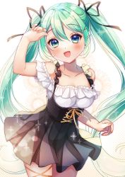 Rule 34 | 1girl, :d, arm up, bare shoulders, black ribbon, black skirt, blush, breasts, cleavage, collarbone, commentary request, green eyes, green hair, hair between eyes, hair ornament, hair ribbon, hairclip, hatsune miku, highres, long hair, looking at viewer, off-shoulder shirt, off shoulder, open mouth, pk (mukasihasakana), pleated skirt, ribbon, shirt, skirt, small breasts, smile, solo, twintails, very long hair, vocaloid, white shirt, x hair ornament