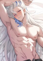 Rule 34 | 1boy, abs, absurdres, arm up, armpits, bed sheet, blue hair, blush, commentary, commentary request, english commentary, genshin impact, highres, long hair, looking at viewer, lying, male focus, merururuu, multicolored hair, muscular, muscular male, navel, neuvillette (genshin impact), nipples, on back, pants, pectorals, purple eyes, solo, streaked hair, topless male, white hair