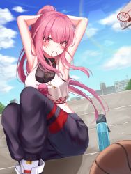 Rule 34 | 1girl, armpits, arms up, ball, bare shoulders, basketball, basketball (object), basketball court, basketball hoop, blue sky, blush, bottle, breasts, building, cleavage, cloud, commentary, crop top, english commentary, eyes visible through hair, highres, hololive, hololive english, hoop, kando, long hair, looking at viewer, mori calliope, mori calliope (streetwear), pink hair, ponytail, red eyes, shirt, shoes, sitting, skeleton print, sky, undershirt, virtual youtuber, water bottle, white legwear, white shirt