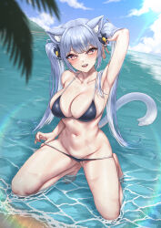 Rule 34 | 1girl, absurdres, animal ear fluff, animal ears, arm behind head, arm up, armpits, bare arms, bare legs, bare shoulders, barefoot, beach, bikini, black bikini, bow, breasts, cat ears, cat girl, cat tail, character request, cleavage, day, hair bow, highres, indie virtual youtuber, kneeling, large breasts, long hair, looking at viewer, navel, nomalman, open mouth, outdoors, pink eyes, pulled by self, skindentation, smile, solo, stomach, strap pull, string bikini, sunlight, swimsuit, tail, thighs, twintails, virtual youtuber, water, wet, white hair