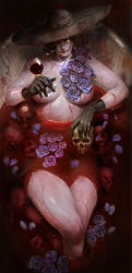 Rule 34 | 1girl, alcina dimitrescu, bathtub, belly, black gloves, blood, blood on arm, blood on face, blood on leg, breasts, brown hair, cup, drinking glass, feet out of frame, flower, from above, gem, gloves, glowing, glowing eye, hair over one eye, hat, highres, holding, holding cup, holding skull, jewelry, large breasts, lipstick, looking at viewer, lying, makeup, mature female, medium hair, minami cha, necklace, nude, on back, pale skin, partially submerged, pearl (gemstone), pearl necklace, petals, red lips, resident evil, resident evil village, rose, skull, solo, stomach, sun hat, thighs, wine glass, yellow eyes