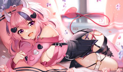 Rule 34 | 1girl, :d, ahoge, bare shoulders, black skirt, breasts, cleavage, commentary, demon horns, demon tail, garter straps, hair ornament, heart, heart ahoge, heart hair ornament, high-waist skirt, highres, horns, hugging object, ironmouse, ironmouse (1st costume), large breasts, long sleeves, looking at viewer, lying, miniskirt, multicolored hair, off-shoulder shirt, off shoulder, on side, open mouth, pillow, pillow hug, pink eyes, pink hair, pink shirt, purple hair, shirt, short hair, skirt, smile, solo, squchan, streaked hair, tail, thighs, virtual youtuber, vshojo