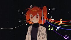 1girl a.i._voice adachi_rei arms_at_sides black_background black_shirt blush cable closed_mouth dark_side_of_the_moon derivative_work empty_eyes headlamp headset highres jacket long_sleeves musical_note nanji_shao one_side_up open_clothes open_jacket orange_eyes orange_hair pink_floyd rainbow_order rainbow_refraction shirt short_hair simple_background smile solo sparkle star_(symbol) upper_body utau white_jacket wide-eyed