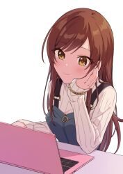 Rule 34 | 1girl, auagpic, bead bracelet, beads, bracelet, brown eyes, brown hair, closed mouth, computer, head rest, idolmaster, idolmaster shiny colors, jewelry, laptop, long hair, long sleeves, osaki amana, ribbed sweater, simple background, smile, solo, suspenders, sweater, swept bangs, turtleneck, turtleneck sweater, upper body, white background, white sweater