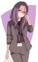 Rule 34 | 1girl, alternate costume, black pants, black suit, blue eyes, closed mouth, collared shirt, file112056, formal, glasses, hand up, highres, holding, holding paper, kagamihara sakura, lanyard, long hair, looking at viewer, office lady, pants, paper, purple hair, shirt, shirt tucked in, simple background, solo, standing, suit, watch, yurucamp